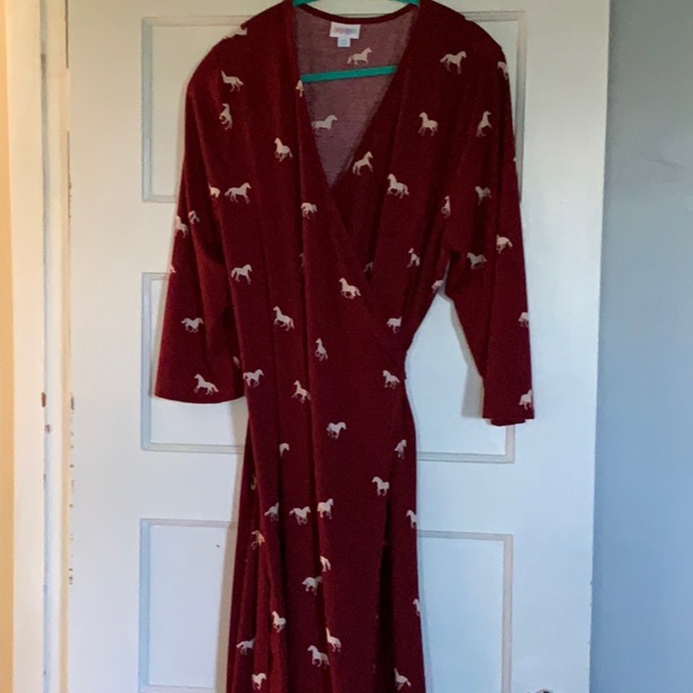 Maroon wrap dress with horse print